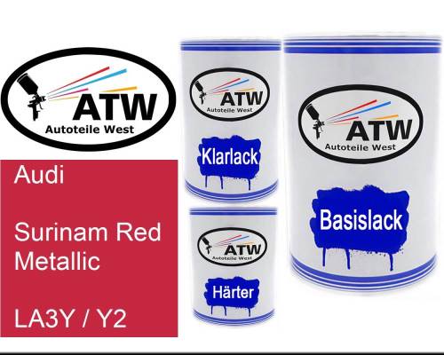 Audi, Surinam Red Metallic, LA3Y / Y2: 500ml Lackdose + 500ml Klarlack + 250ml Härter - Set, von ATW Autoteile West.